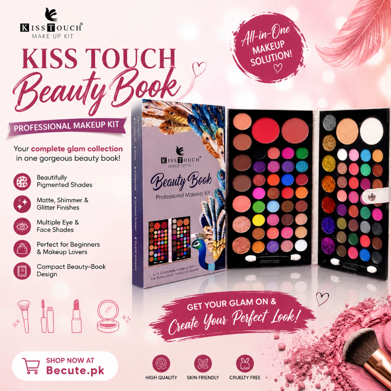 Kiss Touch Beauty Book professional makeup kit shown with its illustrated box and three open makeup palettes displaying a wide range of pressed powders. The image is set against a pink background with promotional text, makeup brush graphics, and a pink makeup smear.