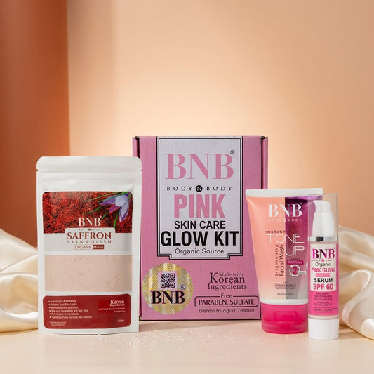 AI shoot - bnb-pink-glow-kit-toneup-facewash-saffron-mask-pink-glow-sunscreen-spf-60