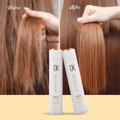 Before and after comparison of hair with a product, featuring two bottles labeled 'GK'.