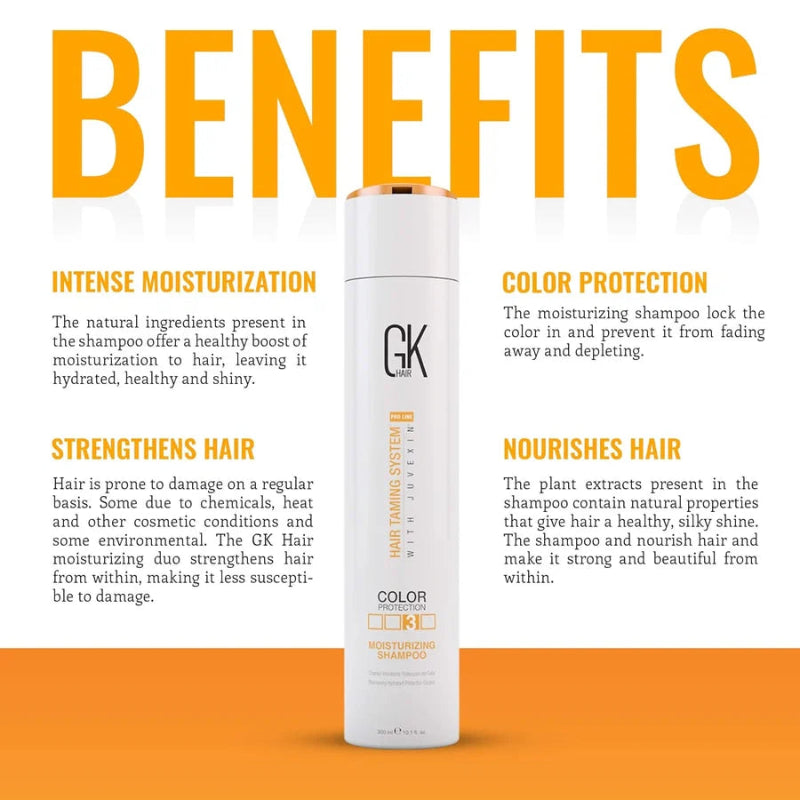 A promotional graphic for the GK Hair Training System Color Protect Moisturizing Shampoo. The white bottle with a gold cap is centered against a white background with a bold orange header and orange text blocks detailing benefits like intense moisturization, color protection, strengthened hair, and nourishment of hair.