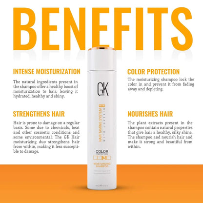 A promotional graphic for the GK Hair Training System Color Protect Moisturizing Shampoo. The white bottle with a gold cap is centered against a white background with a bold orange header and orange text blocks detailing benefits like intense moisturization, color protection, strengthened hair, and nourishment of hair.