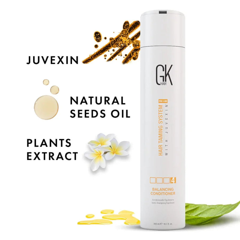 GK Hair conditioner bottle with Juvenexin, natural seeds oil, and plants extract text on a white background