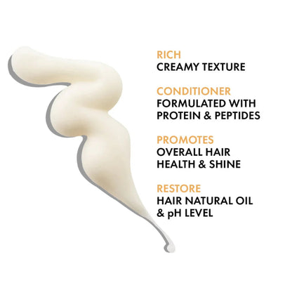 A cream-colored conditioner smear on a white background with descriptive text highlighting its creamy texture, protein and peptide formula, and benefits for overall hair health and shine.