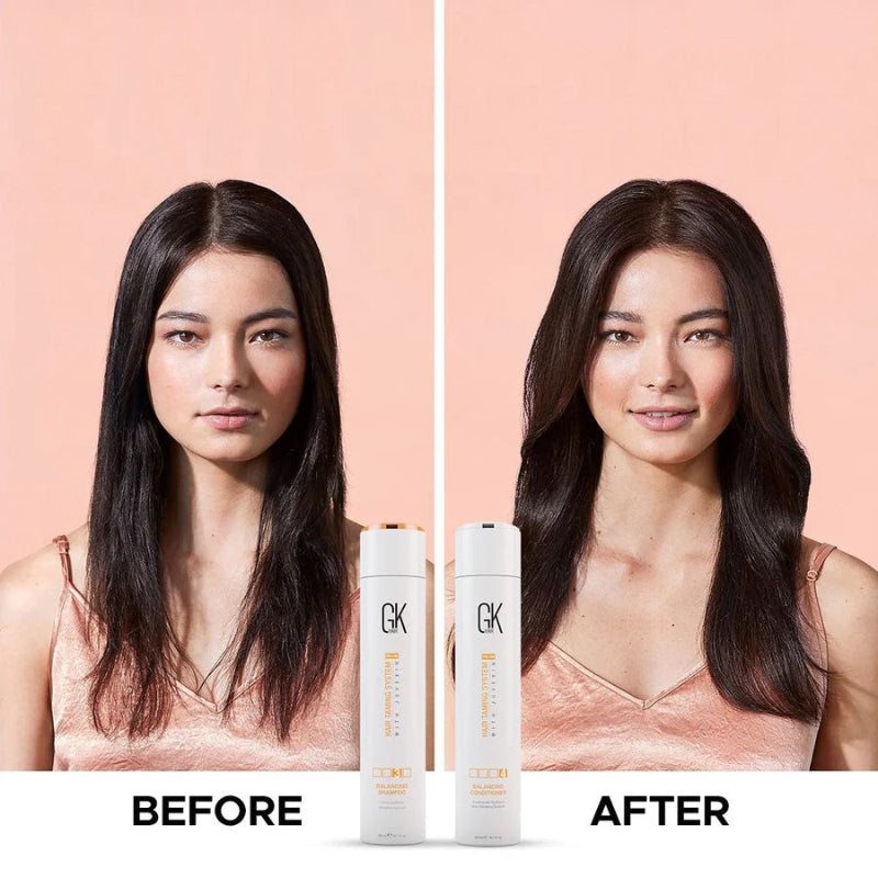 Before and after comparison of a woman with long hair, using GK hair care products on a pink background.