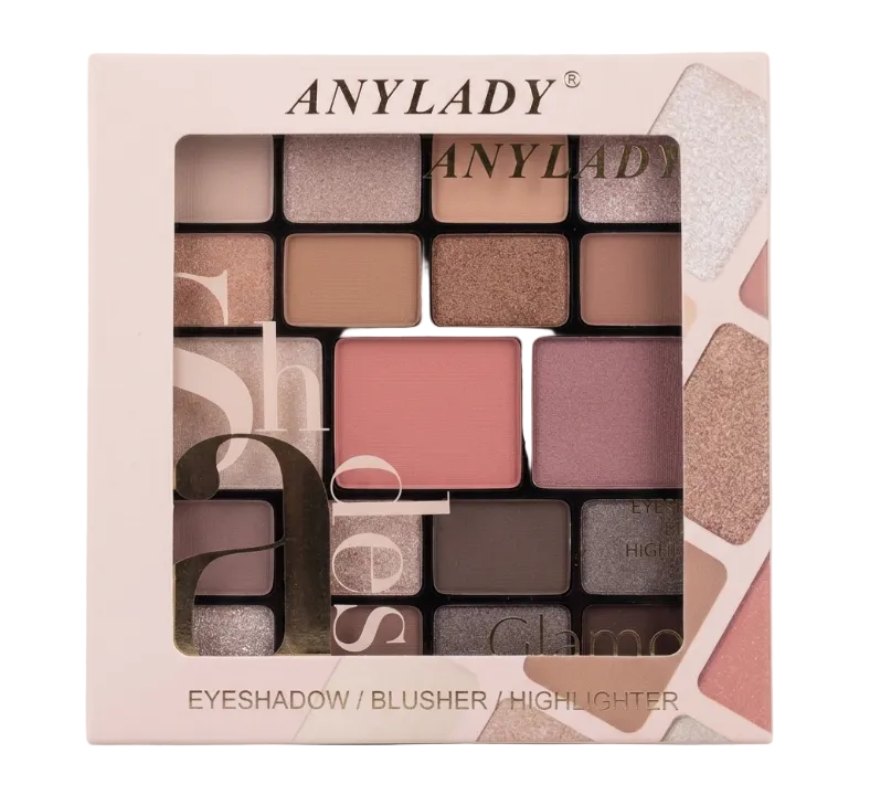 Anylady eyeshadow palette in its original packaging, featuring 18 shades of eyeshadow, blush, and highlighter in neutral and pink tones.