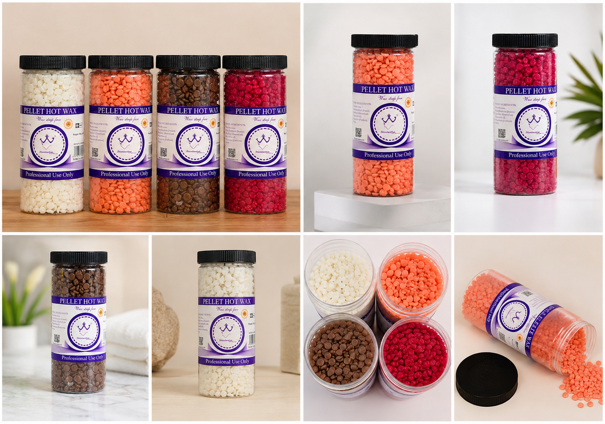 A collage of multiple clear plastic jars containing colorful decorative beads, shown in different colorways and angles. The labels feature a purple and white design with a crown logo and the brand name 'Pleasanton Beads'.