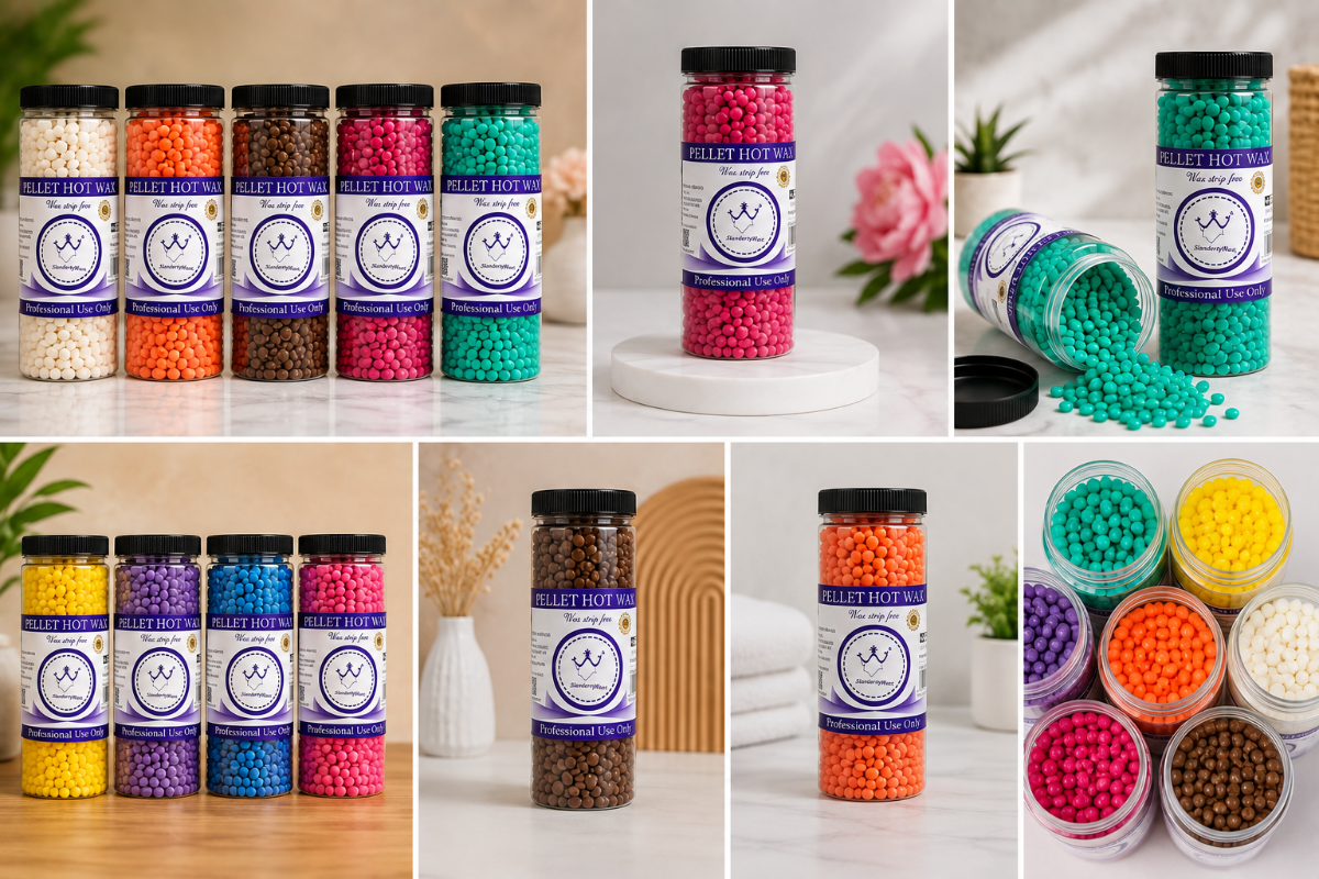 A collage of multiple clear plastic jars filled with colorful round candy-like beads or pellets, shown in different colorways and arranged on a light background. Several jars are upright, some are tipped over with the contents spilling out, and one panel shows a cluster of many jars in different colors.