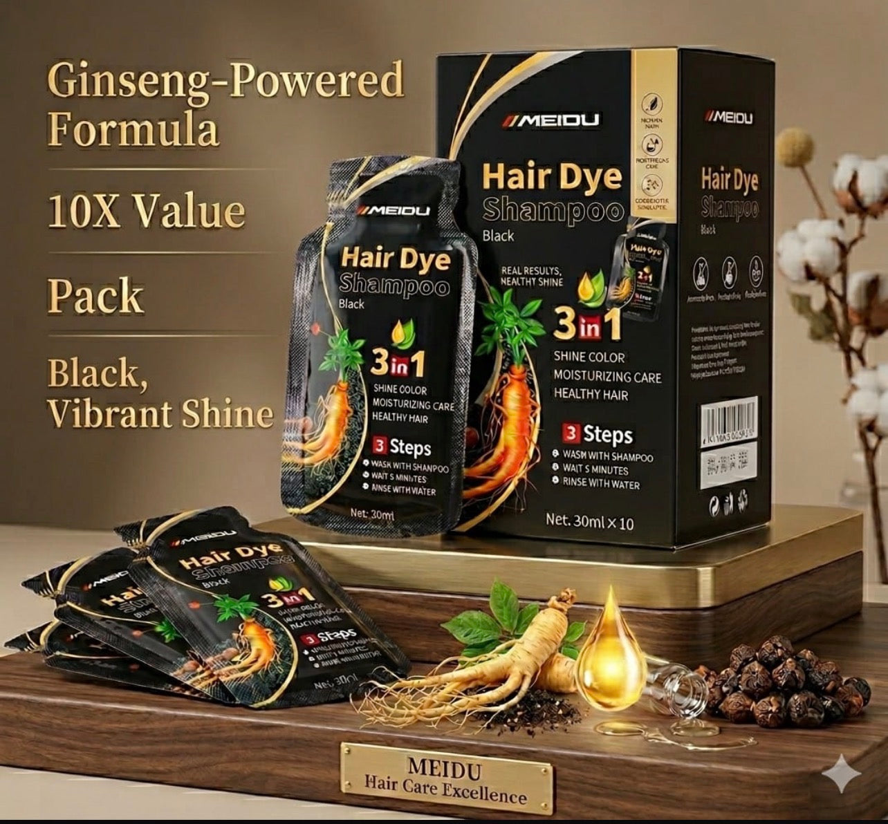 MEIDU Black Hair Dye Shampoo 10 sachet pack
