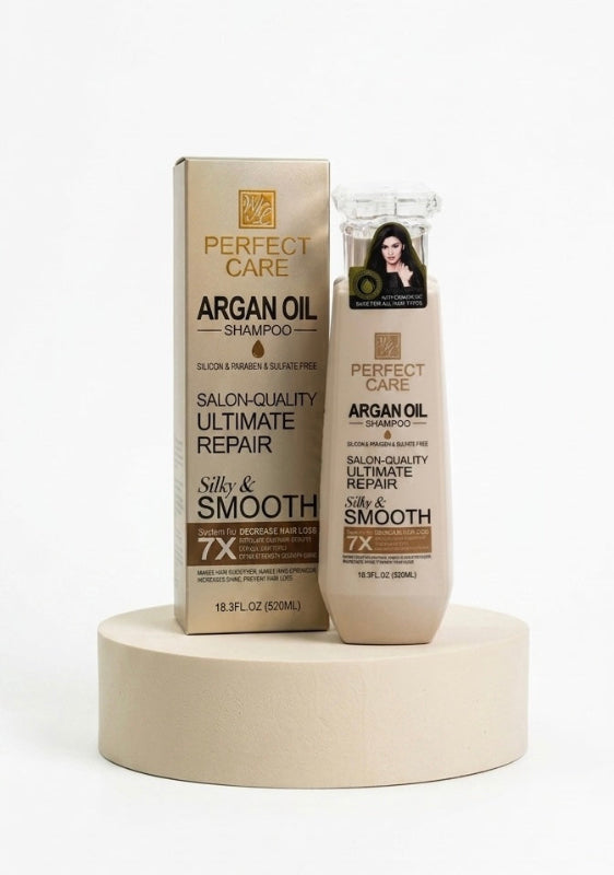 Perfect Care Argan Oil shampoo and conditioner bottles on a white background