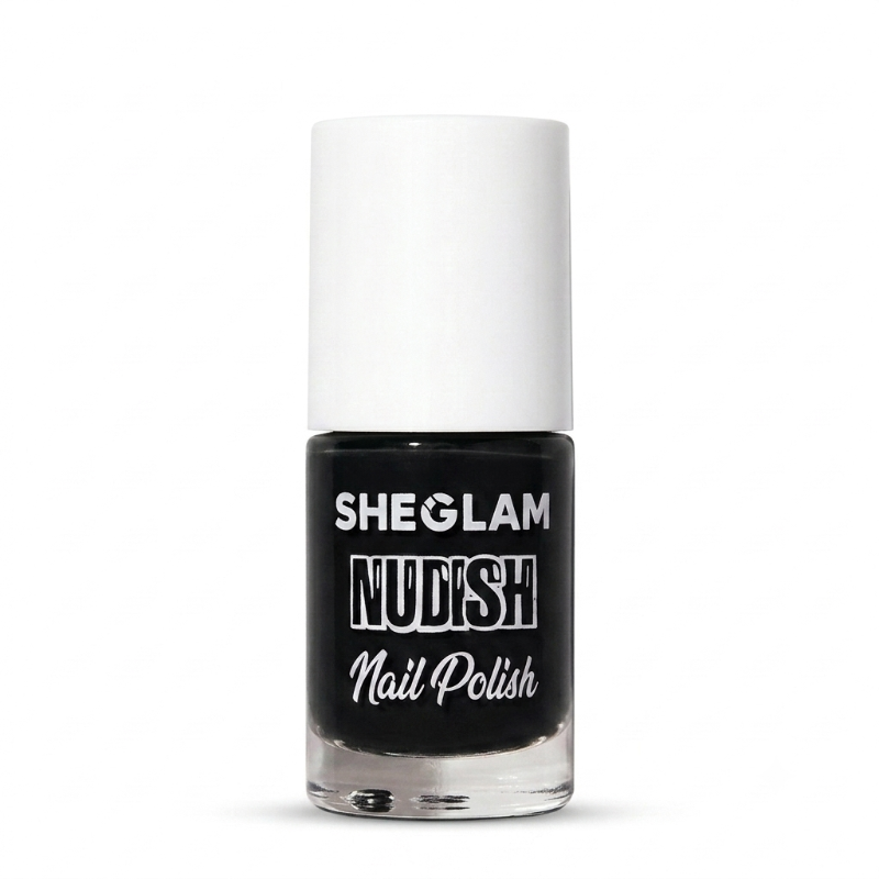 A bottle of SHEGLAM Nudish Nail Polish in a deep black shade, featuring a white cap and a clear glass base, set against a plain white background.