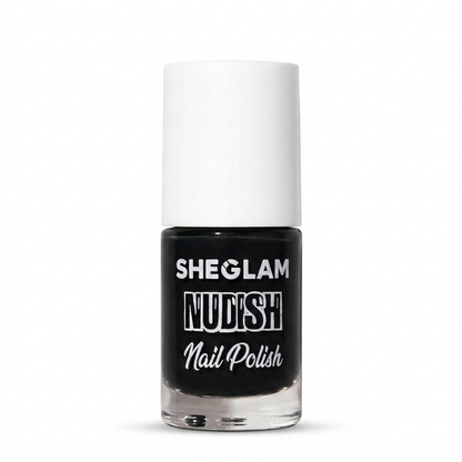 A bottle of SHEGLAM Nudish Nail Polish in a deep black shade, featuring a white cap and a clear glass base, set against a plain white background.
