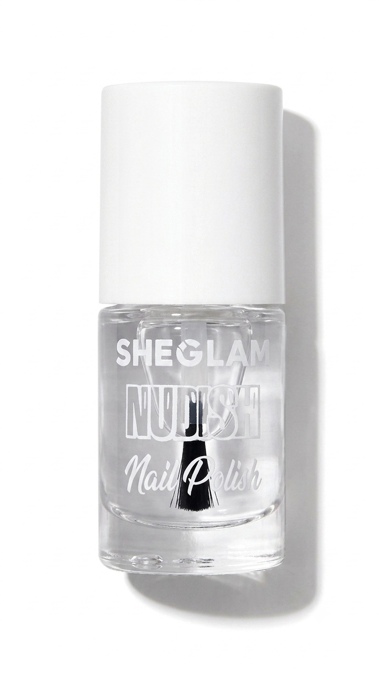 SheGlam Nudist Nail Polish in a clear glass bottle with a white cap, shown on a white background with a soft shadow.