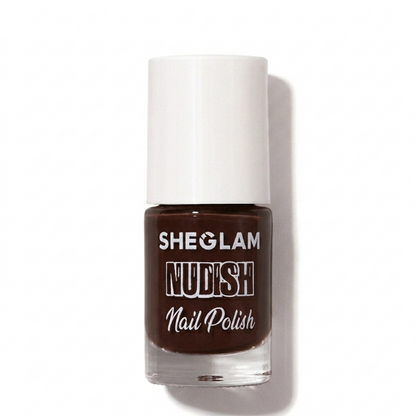 A bottle of SHEGLAM Nudish Nail Polish in a deep dark Red shade, featuring a white cap and clear glass bottle, set against a plain white background with a soft shadow.
