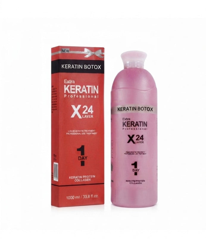 Keratin Botox X24 Layer hair building gel bottle in pink next to its red and black retail box, on a white background.