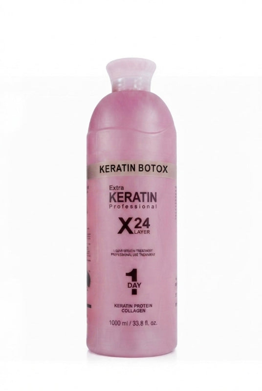 A bottle of Keratin Botox Extra Keratin Professional X24 Laitier 1 Day Keratin Protein Collagen on a white background.