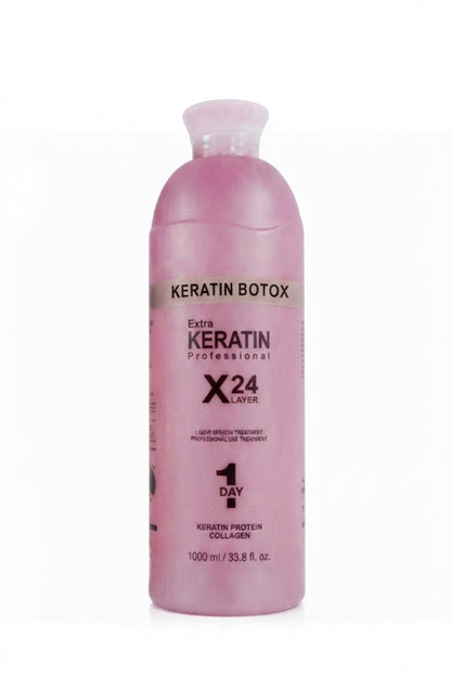 A bottle of Keratin Botox Extra Keratin Professional X24 Laitier 1 Day Keratin Protein Collagen on a white background.