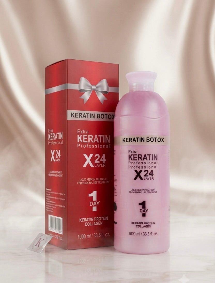 Keratin Botox X24 Professional treatment set featuring a pink bottle and a red box with a silver bow graphic, set against a draped beige satin background.