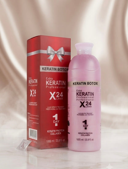 Keratin Botox X24 Professional treatment set featuring a pink bottle and a red box with a silver bow graphic, set against a draped beige satin background.
