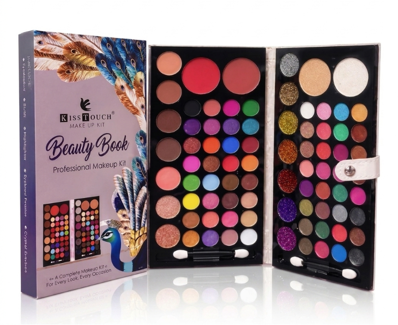 Kiss Touch JAE FUSH Beauty Book Professional Makeup Kit shown with its purple illustrated packaging box on the left and the open makeup palette on the right, displaying many colorful eyeshadows, blushes, and lip colors.