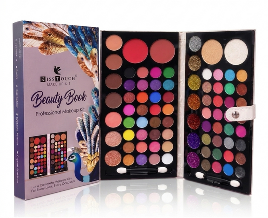 Kiss Touch JAE FUSH Beauty Book Professional Makeup Kit shown with its purple illustrated packaging box on the left and the open makeup palette on the right, displaying many colorful eyeshadows, blushes, and lip colors.