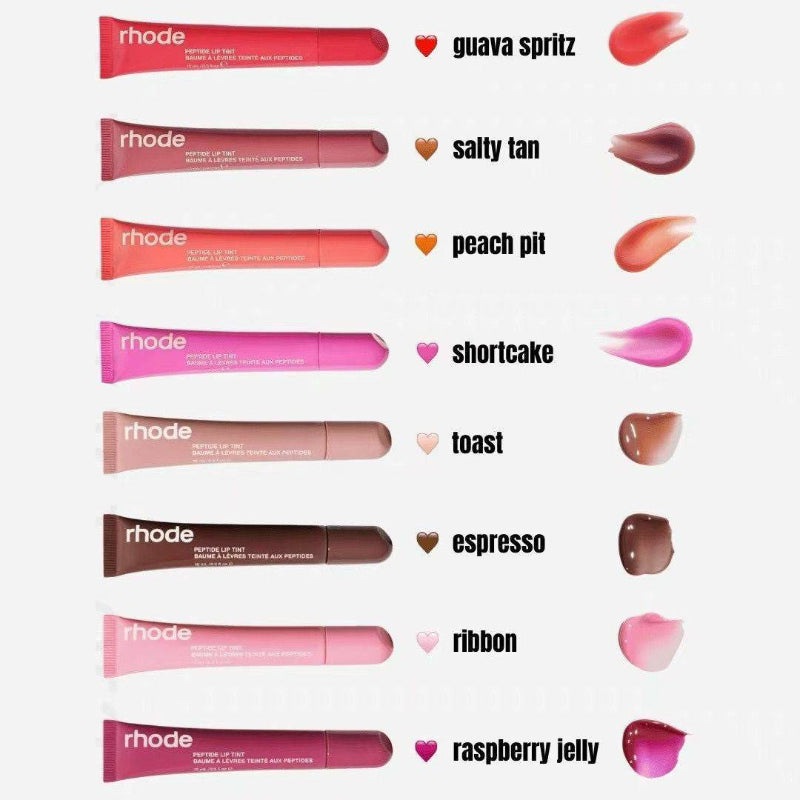 Collection of Rhode lip tint tubes with color names and swatches on a white background